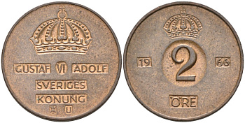 Швеция 2 эре 1966 U, Густав VI Адольф (1950-1973) KM 821 бронза 4364-831