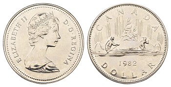Канада 1 доллар 1982 Елизавета II (1952-2022), каноэ KM 120.1 никель UNC 4565-924