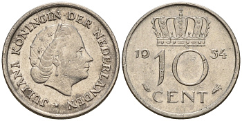 Нидерланды 10 центов 1954  КМ 182 никель    4160-1247