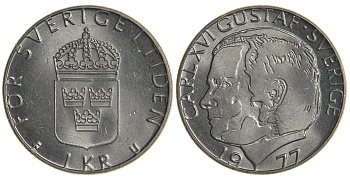 Швеция 1 крона 1977 Карл XVI Густав (1973- ) KM 852 медь плакированная медно-никелем UNC 4179-914