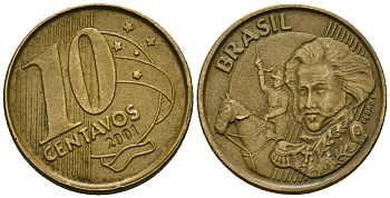 Бразилия 10 сентаво 2001 KM 649.2 сталь плакированная латунью 4167-255