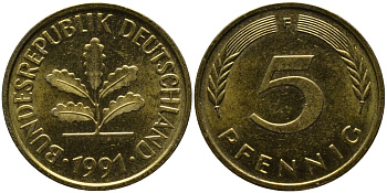 ФРГ 5 ПФЕННИГОВ 1991 F KM 107, J. 382 сталь плакированная латунью 33-226