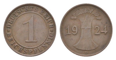 Германия 1 рейхспфенниг 1924 D KM 37, J. 313 бронза 4644-1028