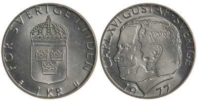 Швеция 1 крона 1977 Карл XVI Густав (1973- ) KM 852 медь плакированная медно-никелем UNC 4179-914