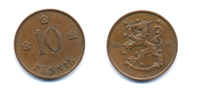 Финляндия 10 пенни 1935 республика (1918-1962) KM 24 медь 51-5442