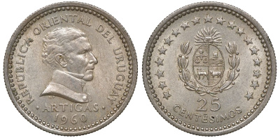 Уругвай 25 сентесимо 1960 KM 40 медно-никель 4169-849