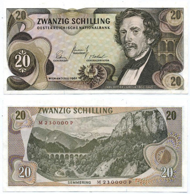 АВСТРИЯ 20 ШИЛЛИНГОВ 1967 (1968) ВЕНА, 2 ИЮЛЯ 1967, КАРЛ РИТТЕР фон ГЕГА Pick 142а бумага 7222-79-1-1