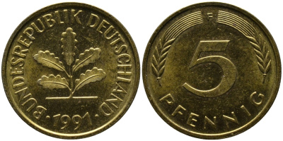 ФРГ 5 ПФЕННИГОВ 1991 F KM 107, J. 382 сталь плакированная латунью 33-226