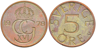 Швеция 5 эре 1978 Карл XVI Густав (1973- ) KM 849 бронза 187-814