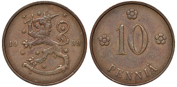 Финляндия 10 пенни 1939 KM 24 медь 51-3125