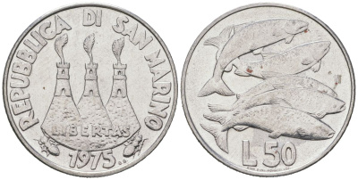 Сан-Марино 50 лир 1975 косяк рыб KM 45 нержавеющая сталь UNC 4573-154