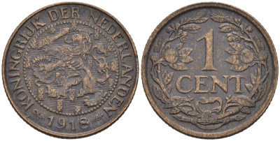 Нидерланды 1 цент 1918 Вильгельмина (1890-1948) KM 152 бронза 4576-725