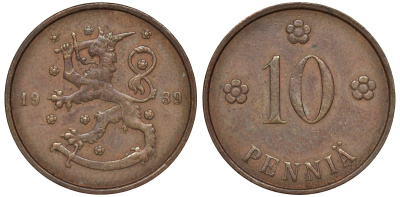 Финляндия 10 пенни 1939 KM 24 медь 51-3125