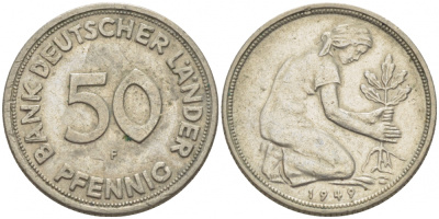ФРГ 50 пфеннигов 1949 F KM 104, J. 379 медно-никель 112-939