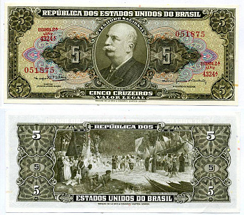 БРАЗИЛИЯ 5 КРУЗЕЙРО 1964 ПОДПИСЬ 14, СЕРИЯ 4324 Pick 176d бумага аUNC 7191-29-2-2