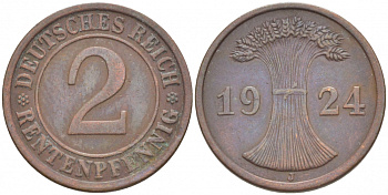 ГЕРМАНИЯ 2 РЕНТЕНПФЕННИГА 1924 J KM 31, J 307 бронза 4532-541