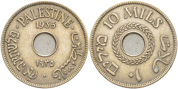 Израиль, Палестина 10 милсов 1935 Британская администрация, редкий год KM 4 медно-никель 4185-1216