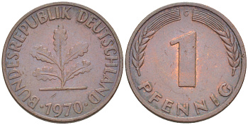 ФРГ 1 ПФЕННИГ 1970 G KM 105, J. 380 сталь плакированная медью 4181-553
