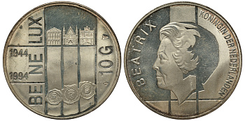 Нидерланды 10 гульденов 1994 50 лет Бе-Ни-Люкс, три здания парламентов KM 216 серебро PROOF 413-3633