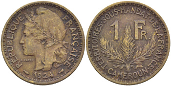 Французский Камерун 1 франк 1924 (а), монетный двор Париж KM 2 алюминиевая бронза 259-1236