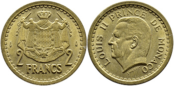Монако 2 франка 1945 Луи II (1922-1949) KM 121а алюминиевая бронза 4389-1232