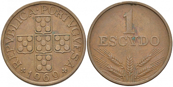 Португалия 1 эскудо 1969 первый год KM 597 бронза 3718-411