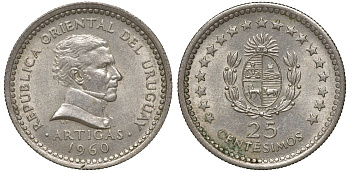 Уругвай 25 сентесимо 1960 KM 40 медно-никель 4169-959