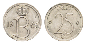 Бельгия 25 сантимов 1966 Belgie, Бодуэн I (1951-1993) KM 154 медно-никель UNC 4636-367