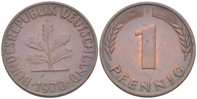 ФРГ 1 ПФЕННИГ 1970 G KM 105, J. 380 сталь плакированная медью 4181-553