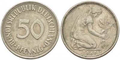 ФРГ 50 ПФЕННИГОВ 1969 J KM 109.1 медно-никель 4396-1665