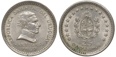 Уругвай 25 сентесимо 1960 KM 40 медно-никель 4169-959