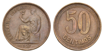 Испания 50 сентимо 1937 Вторая Республика KM 754 медь 4657-1044