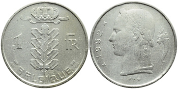 БЕЛЬГИЯ 1 ФРАНК 1952 BELGIQUE KM 142.1 медно-никель 4391-332