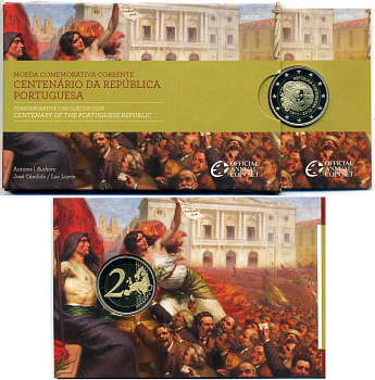 Португалия 2 евро 2010 100 лет Португальской Республике, запайка, картонный буклет KM 796 биметалл PROOF 3-4-8-57