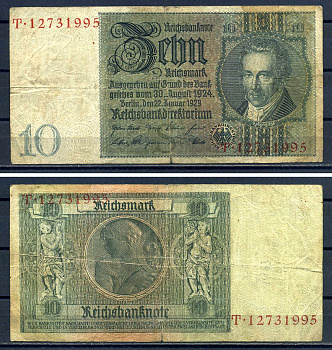 Германия 10 рейхсмарк 1929 Pick 180 a бумага 7552-31-4-1