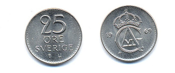 Швеция 25 эре 1969 Густав VI Адольф (1950-1973) KM 836 медно-никель 51-5233