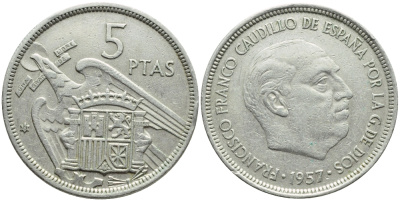 ИСПАНИЯ 5 ПЕСЕТ 1957 (73) ФРАНСИСКО ФРАНКО ДИКТАТОР ИСПАНИИ (1939-1975) KM 786 медно-никель 4395-355