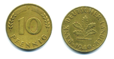 ФРГ 10 ПФЕННИГОВ 1949 F KM 103, J.378 сталь плакированная латунью 23-624