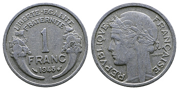 ФРАНЦИЯ 1 ФРАНК 1948 ТИП MORLON, LEGERE KM 885a.1, LE FRANC 221.13 алюминий 261-437