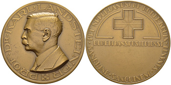 Нидерланды медаль ND профессор, доктор Карл Ландштейнер (1868-1943), лауреат Нобелевской премии, за открытие групп крови, нидерландское общество Красного креста, пеликан, диаметр 50 мм.  бронза 1089-5-23