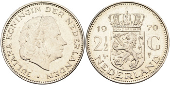Нидерланды 2 1/2 гульдена 1970 Юлиана (1948-1980) KM 191 никель 4593-631