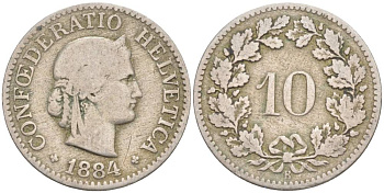 Швейцария 10 раппенов 1884 В KM 27 медно-никель 4181-1126