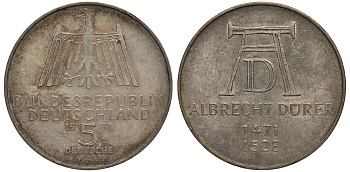 ФРГ 5 марок 1971 D, 500 лет со дня рождения АЛЬБРЕХТА ДЮРЕРА KM 129, J.410 серебро 3855-923