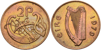Ирландия 2 пенсов 1979 Виньетка в виде стилизованной птицы из второй библии Карла II Лысого KM 21 бронза 4140-243