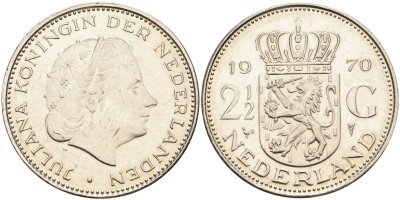 Нидерланды 2 1/2 гульдена 1970 Юлиана (1948-1980) KM 191 никель 4593-631