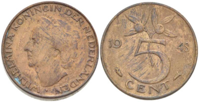 НИДЕРЛАНДЫ 5 ЦЕНТОВ 1948 ВИЛЬГЕЛЬМИНА (1890-1948) KM 176 бронза 212-1017