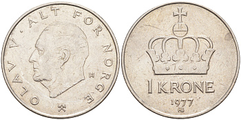 НОРВЕГИЯ 1 КРОНА 1977 ОЛАФ V (1957-1991) KM 419 медно-никель 98-845