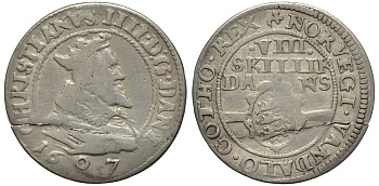 Дания 8 скиллингов 1607 Кристиан IV (1588-1648) KM 32, Hede 93 A, Sieg 54.1 серебро 00-801-14