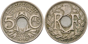 Франция 5 сантимов 1920 KM 865 медно-никель 4596-448