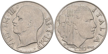 ИТАЛИЯ 20 ЧЕНТЕЗИМО 1940 R, ГОД XVIII, ВИКТОР ЭММАНУИЛ III (1900-1946), СЛАБО МАГНИТНАЯ, ГУРТ РИФЛЁНЫЙ KM 75d, VEM3. 1026a) нержавеющая сталь 3853-533
